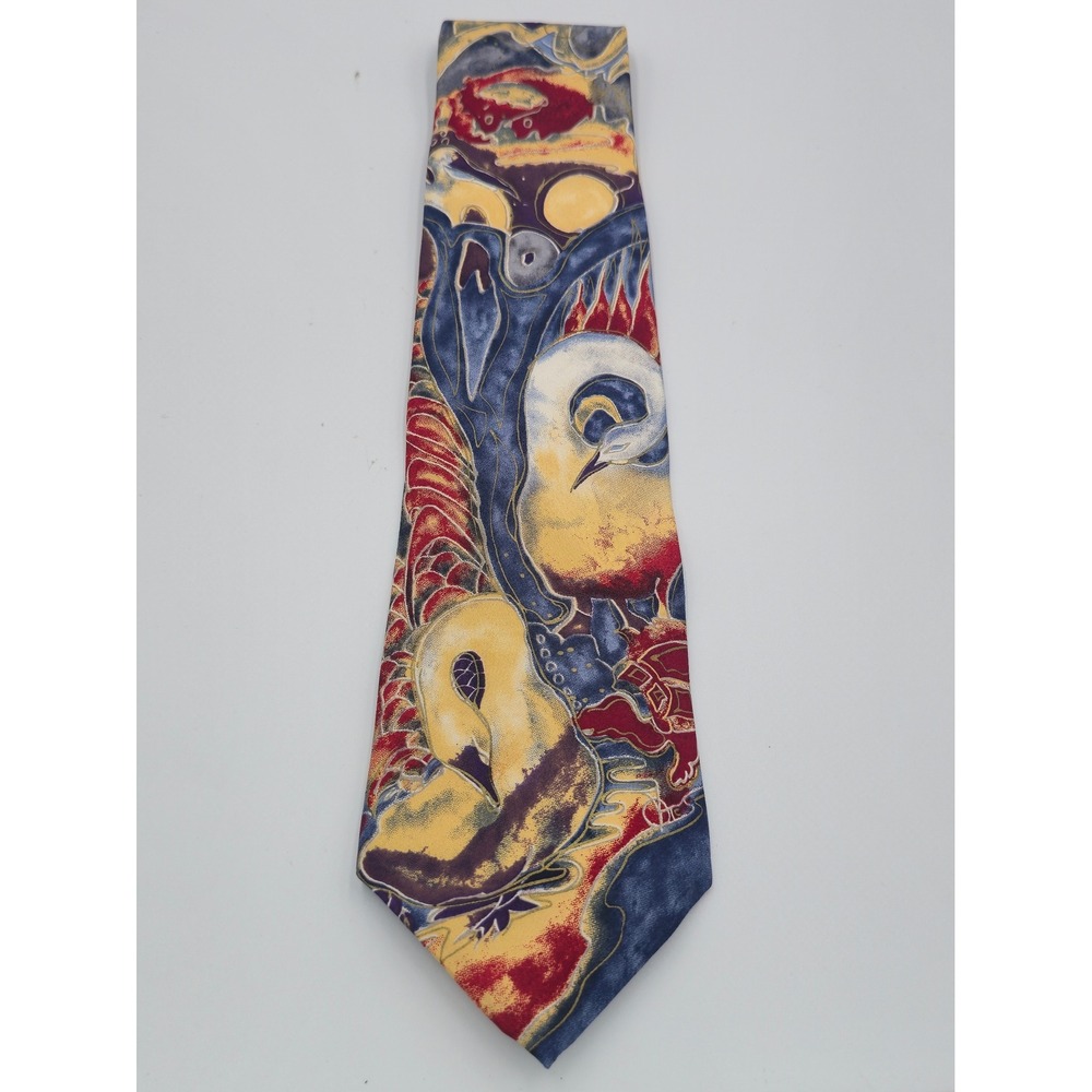 Swans by Grace Newburger Silk Watercolor Art Tie Blue Yellow Red Hand Finished
